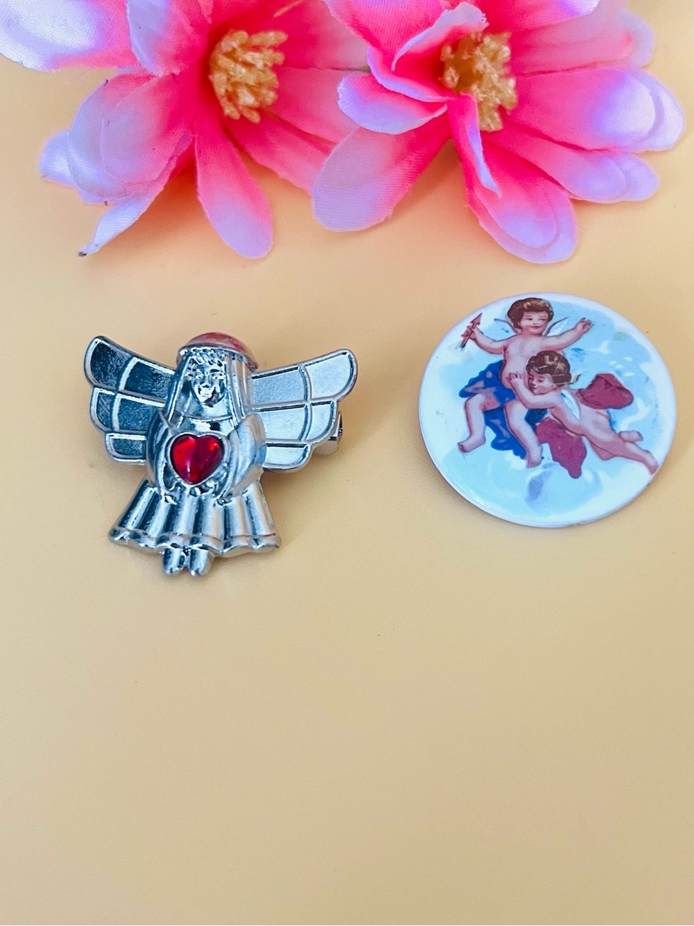 2 Angels brooches silver tone & porcelain
